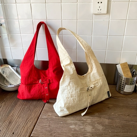 Women Canvas Shoulder Bag Large Capacity Hobo Tote With Metal Buckle Belt Decor Casual Utility Style Handbag