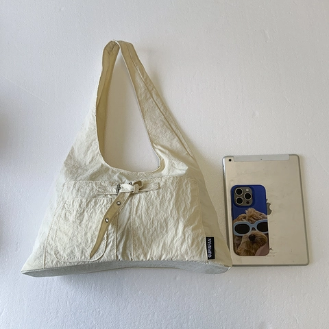 Women Canvas Shoulder Bag Large Capacity Hobo Tote With Metal Buckle Belt Decor Casual Utility Style Handbag