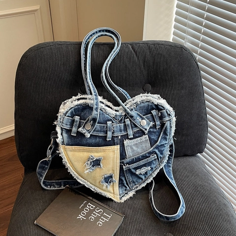 Bolso De Hombro De Mezclilla En Forma De Corazón Patchwork Desgastado Y2K Vintage Bolso Para Mujer Retro