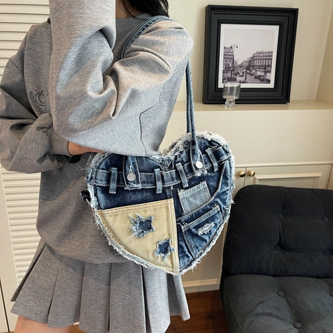 Bolso De Hombro De Mezclilla En Forma De Corazón Patchwork Desgastado Y2K Vintage Bolso Para Mujer Retro