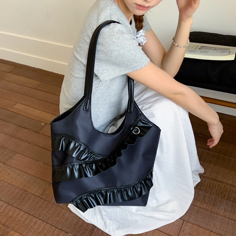 Große Kapazität Rüschen Falten Tote Bag Nylon PU Lässig Achseltasche Schultertasche Für Frauen Pendeln