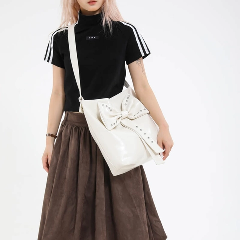 Women Large Bow Shiny PU Leather Tote Bag With Silver Rivets Modern Sweet Cool Style Underarm Shoulder Bag For Daily Commuting