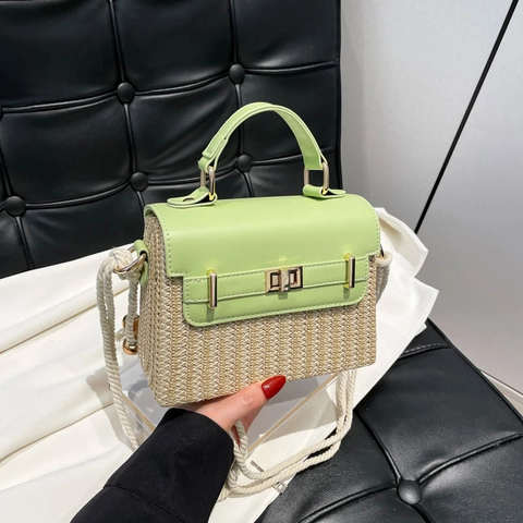 French Vintage Straw Woven And PU Leather Handbag Contrast Color Summer Beach Vacation Shoulder Crossbody Bag For Women