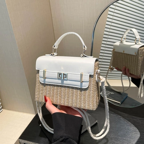 French Vintage Straw Woven And PU Leather Handbag Contrast Color Summer Beach Vacation Shoulder Crossbody Bag For Women