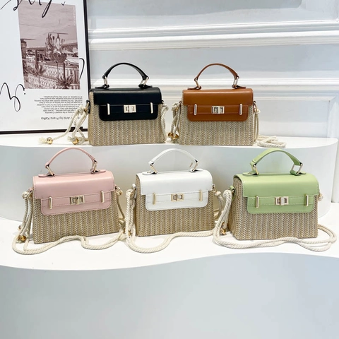 Borsa A Tracolla Da Donna In Paglia Pelle PU Con Tracolla In Corda Serratura In Metallo Vacanza Spiaggia Estate Borsa Quadrata