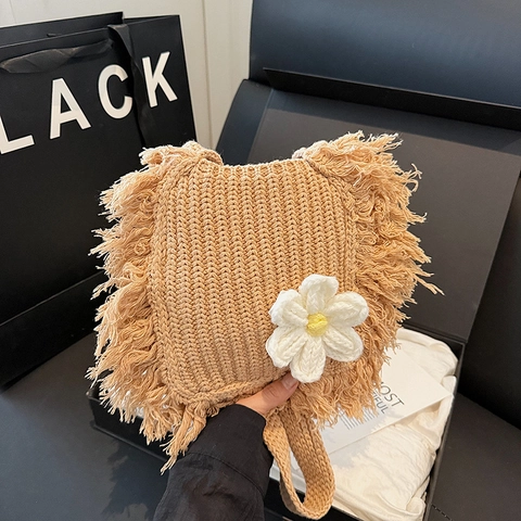 Handmade Knitted Crossbody Bag With Tassels And Flower Square Summer Beach Messenger Bag For Women