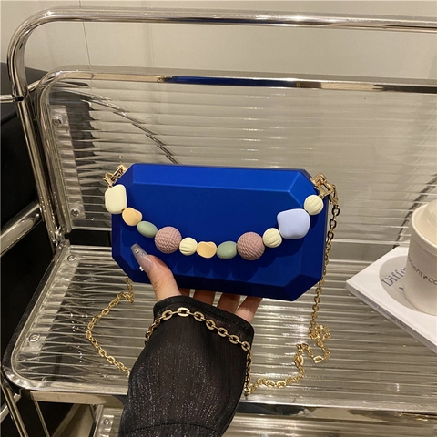 Acrylic Geometric Evening Bag For Women With Colorful Beaded Handle Metal Chain Crossbody Box Bag Banquet Party Clutch Handbag