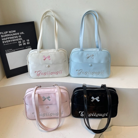 Damen PU Leder Tragetasche Schleife Stickerei Große Kapazität Vordertasche Koreanischen JK Stil Umhängetasche Student Handtasche