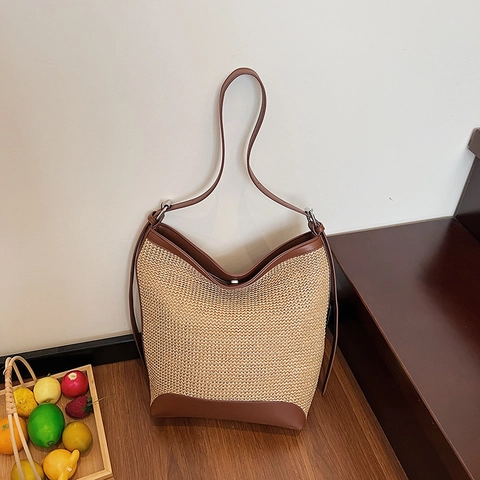 Borsa A Secchiello Intrecciata In Paglia Donna Grande Capacità Patchwork Pelle PU Estate Vacanze Spiaggia Borsa A Spalla Fibbia Magnetica