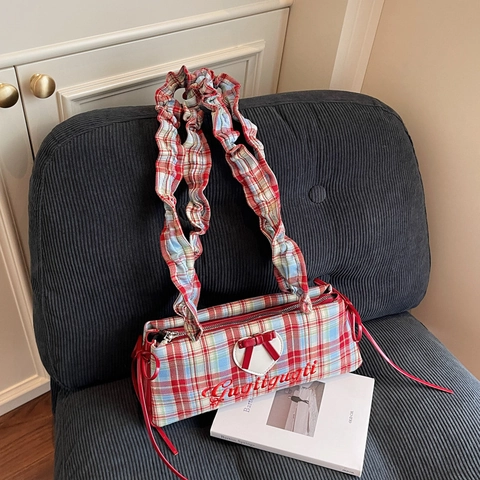 Damen Karierte Canvas Baguette Tasche Mit Rüschen Schultergurt Herz Schleife Dekor Süßer Koreanischer Stil Retro Stofftasche