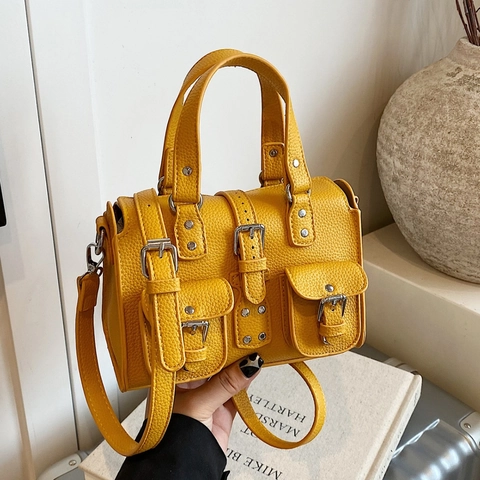 Women Shoulder Bag Crossbody Handbag Litchi Pattern PU Leather Multi-Pocket Rivet Buckle Motorcycle Style Retro Casual