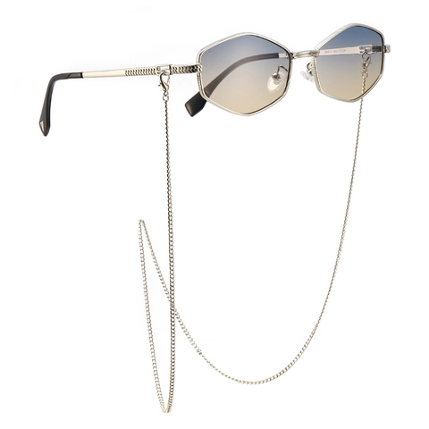 Zeshoekige Metalen Frame Zonnebril Met Ketting Retro Verloopglazen UV400 Streetwear Mode Accessoires
