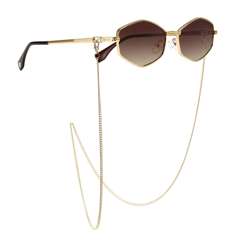 Zeshoekige Metalen Frame Zonnebril Met Ketting Retro Verloopglazen UV400 Streetwear Mode Accessoires