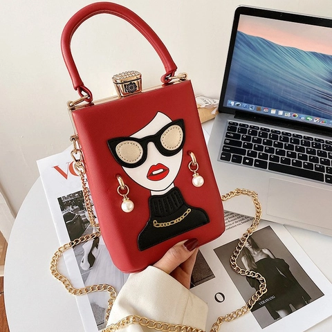 Borsa A Mano Quadrata In Pelle PU Cartoon Ragazza Con Decorazione Di Künstliche Perle E Strass Catena Dorata Per Donna