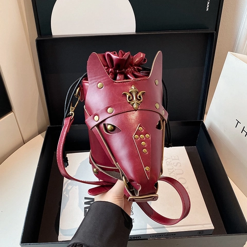 Creative Horse Head Bucket Bag PU Leather Rivet Gothic Crossbody Purse Drawstring Shoulder Bag Women Retro Style