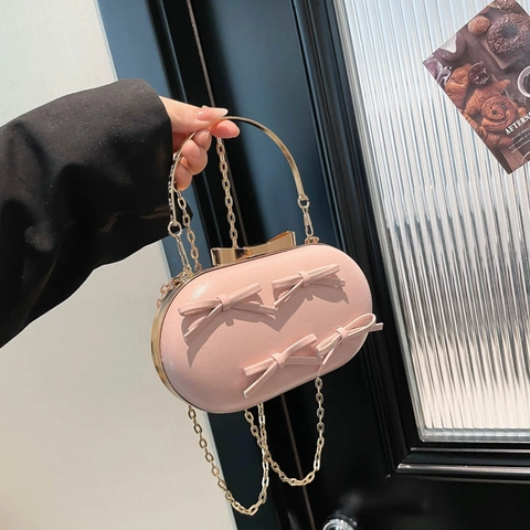 Pochette De Soirée Ovale Simili Cuir Poignée Métal Noeud Décor Chaîne Sac Bandoulière Boîte Femmes Fête Mariage