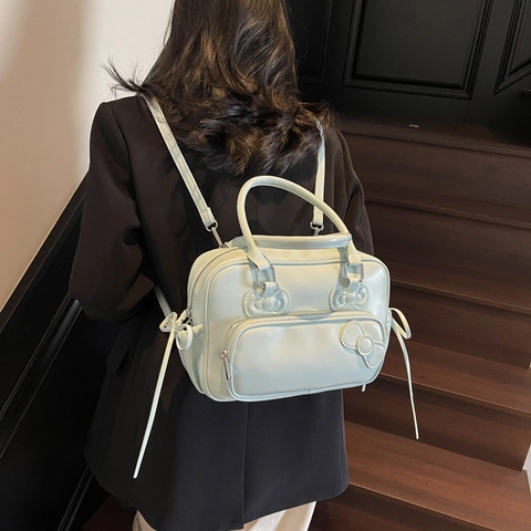 Japanese Fashion PU Leather Handbag With Bowknot Large Capacity Commuter Shoulder Bag Multi-Way Carry Cute Style Women