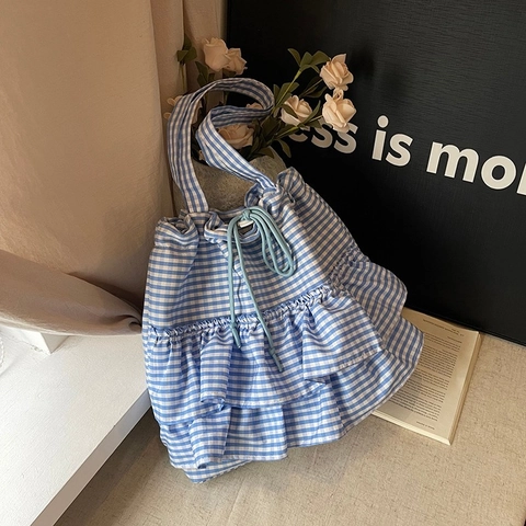Sac Fourre-Tout Carreaux Toile Volants Superposés Cordon De Serrage Décontracté Grande Capacité Sac À Main Femmes