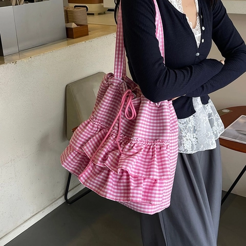 Sac Fourre-Tout Carreaux Toile Volants Superposés Cordon De Serrage Décontracté Grande Capacité Sac À Main Femmes