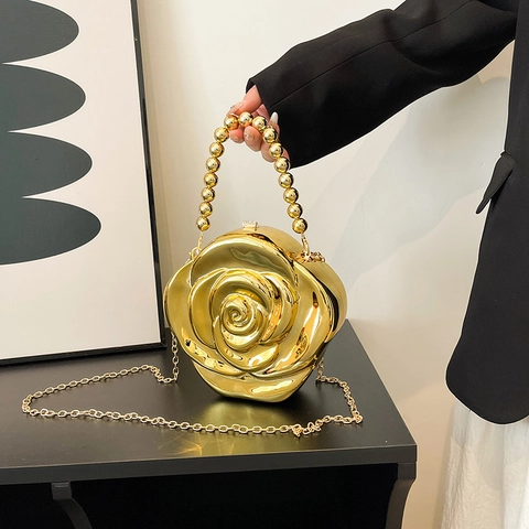 Acrylic Rose Flower Evening Clutch Bag Metallic Mirror Finish 3D Floral Handbag With Chain Strap For Party Wedding