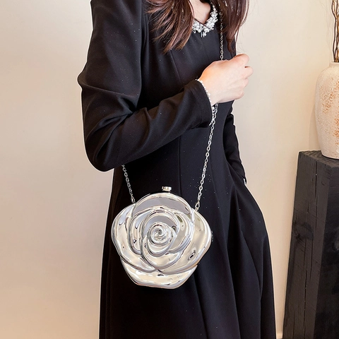 Acrylic Rose Flower Evening Clutch Bag Metallic Mirror Finish 3D Floral Handbag With Chain Strap For Party Wedding