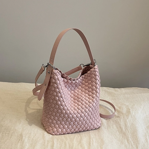 Woven Bucket Bag PU Leather Retro Fashion Underarm Handbag With Inner Pouch Adjustable Strap Casual For Women