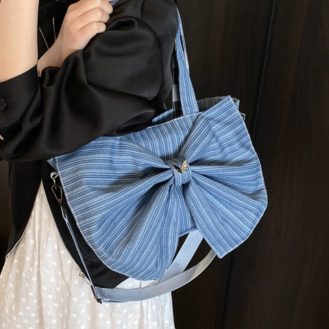 Damen Denim Tote Bag Große Schleife Gestreift Schmetterling Anhänger Schultertasche Umhängetasche Für Den Alltag Pendeln