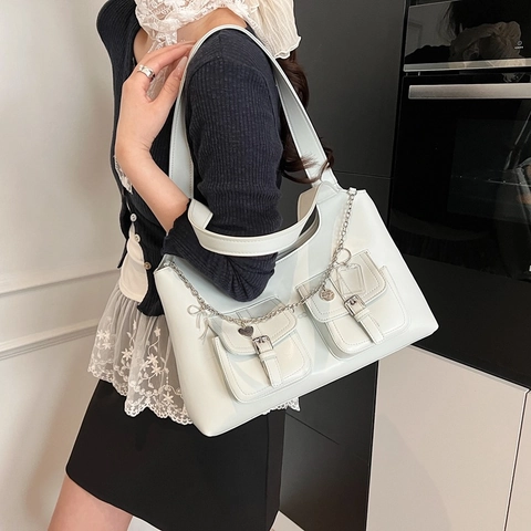 Unterarm Schultertasche PU Leder Metallkette Herz Schleifen Anhänger Taschen Große Kapazität Pendler Y2K Damen