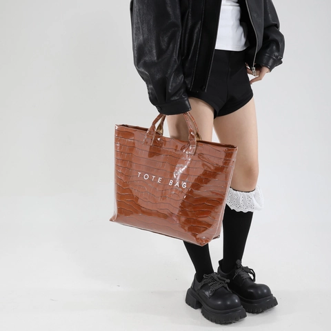 Borsa Tote Da Donna Grande Capacità Motivo Coccodrillo Pelle PU Lucida Moda Street Style Borsa A Mano