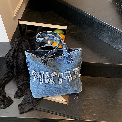 Retro Gewaschene Denim Tote Bag Distressed Buchstaben Applikation Große Kapazität Lässige Schulter Handtasche Für Damen