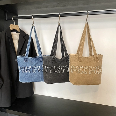 Retro Gewaschene Denim Tote Bag Distressed Buchstaben Applikation Große Kapazität Lässige Schulter Handtasche Für Damen