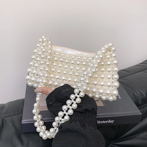 Handgewebte Damen Künstliche Perlen Handtasche Elegante Achsel Schultertasche Französisch Retro Reißverschluss Kleine Quadratische Tasche