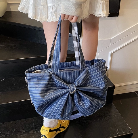 Damen Denim Tote Bag Große Schleife Gestreift Schmetterling Anhänger Schultertasche Umhängetasche Für Den Alltag Pendeln