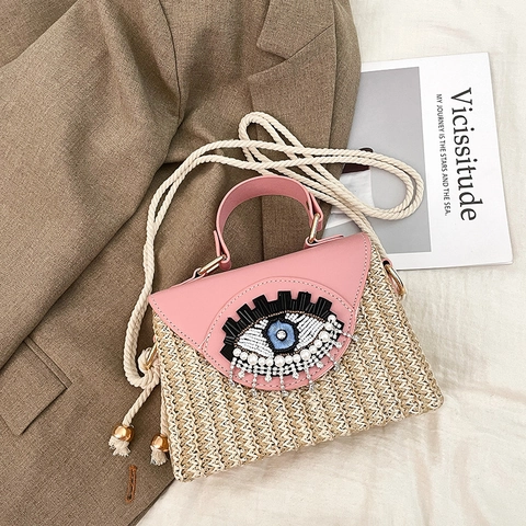 Borsa A Tracolla In Paglia Intrecciata Patta In Pelle Ricamo Evil Eye Perline Strass Nappa Bohémien Vacanze Borsa A Mano
