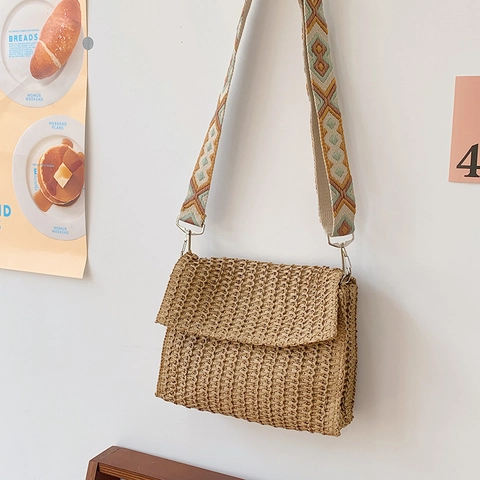 Damen Stroh Gewebte Umhängetasche Breiter Geometrischer Jacquard Gurt Bohemian Sommer Strand Urlaub Klappentasche