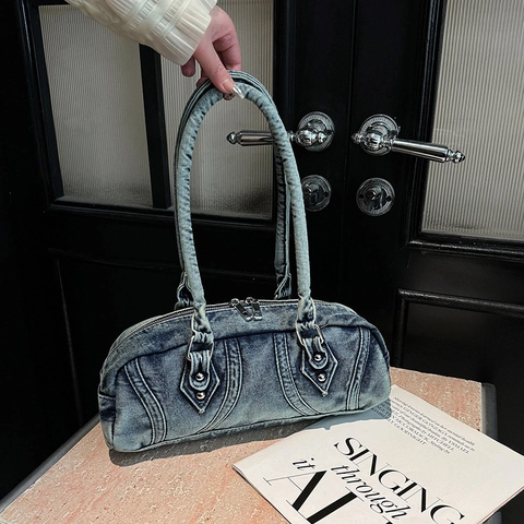 Retro Gewaschene Denim Unterarmtasche Damen Y2K Stil Baguette Schultertasche Mit Nieten Und Kontrastnähten
