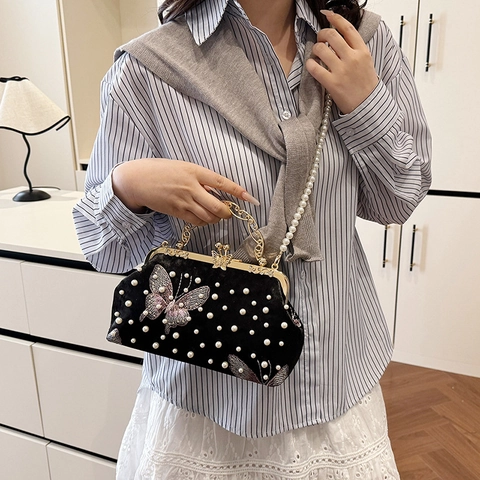 Samt Clutch Abendtasche Mit Künstliche Perlenstickerei Schmetterling Metallgriff Bügelverschluss Damen Luxus Party Handtasche