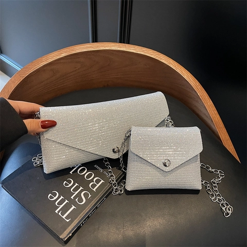 Glitter Sequin Envelope Crossbody Bag With Metal Chain Strap Shimmer Evening Clutch For Women Fashion Phone Pouch