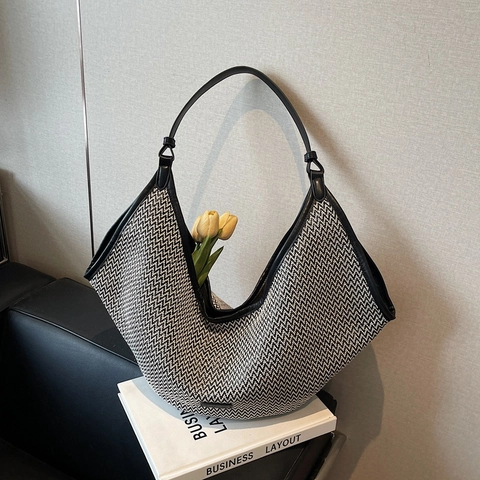 Bolso De Hombro Tejido De Punto Para Mujer Patrón De Espiga Hobo Tote Con Ribete De Cuero PU Vacaciones Viaje Diario