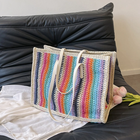Borsa Tote In Paglia Intrecciata A Righe Arcobaleno Grande Capacità Spiaggia Estate Bohemian Borsa A Spalla Vacanza Donna