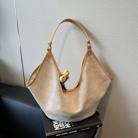 Bolso De Hombro Tejido De Punto Para Mujer Patrón De Espiga Hobo Tote Con Ribete De Cuero PU Vacaciones Viaje Diario