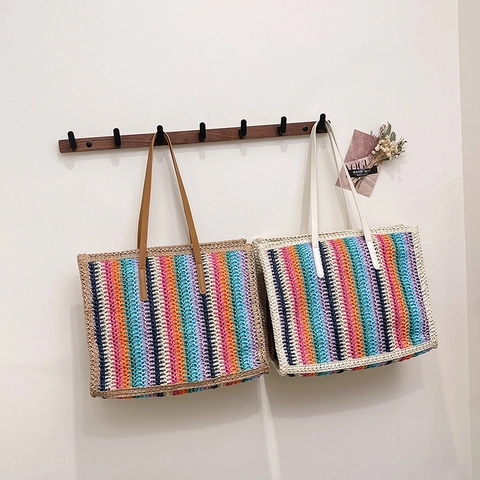Borsa Tote In Paglia Intrecciata A Righe Arcobaleno Grande Capacità Spiaggia Estate Bohemian Borsa A Spalla Vacanza Donna