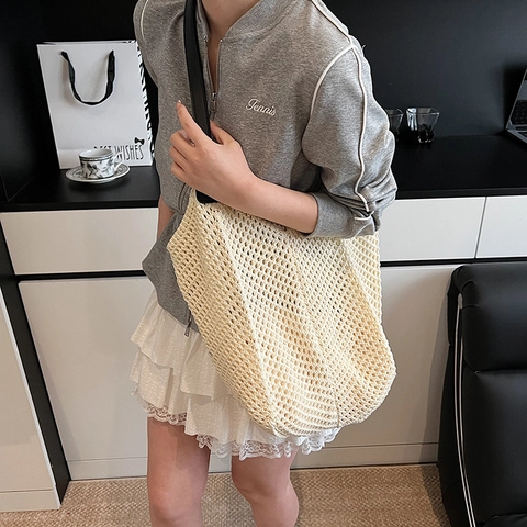 Bolso Tote De Punto Calado Con Correas De Cuero PU Gran Capacidad Bolso De Hombro Informal Vacaciones Contraste De Color