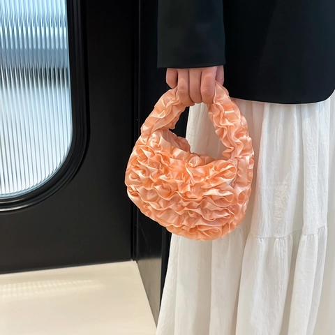 Ruffle Pleated Handbag Elegant Satin Dumpling Bag For Women Evening Party Wedding Sweet Japanese Style Handheld Pouch