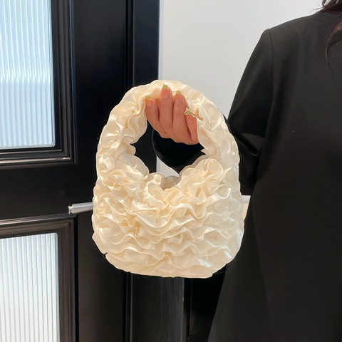 Ruffle Pleated Handbag Elegant Satin Dumpling Bag For Women Evening Party Wedding Sweet Japanese Style Handheld Pouch