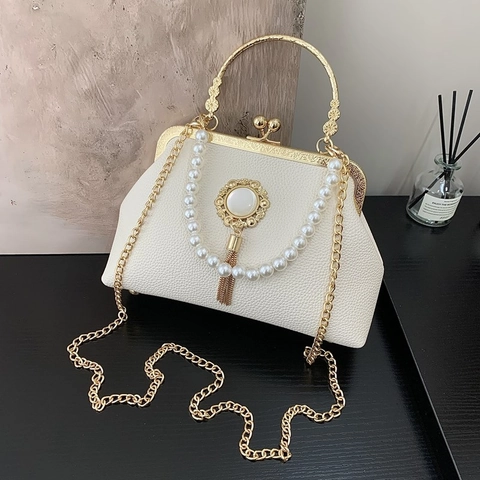 Borsa A Mano Donna Retro Barocca Pelle PU Trama Litchi Borsa Da Sera Con Chiusura A Scatto Manico Di Künstliche Perle E Tracolla