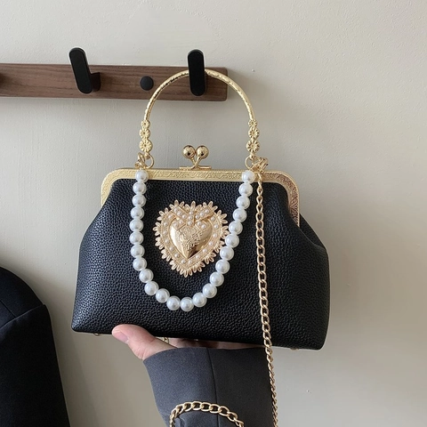 Borsa A Mano Donna Retro Barocca Pelle PU Trama Litchi Borsa Da Sera Con Chiusura A Scatto Manico Di Künstliche Perle E Tracolla