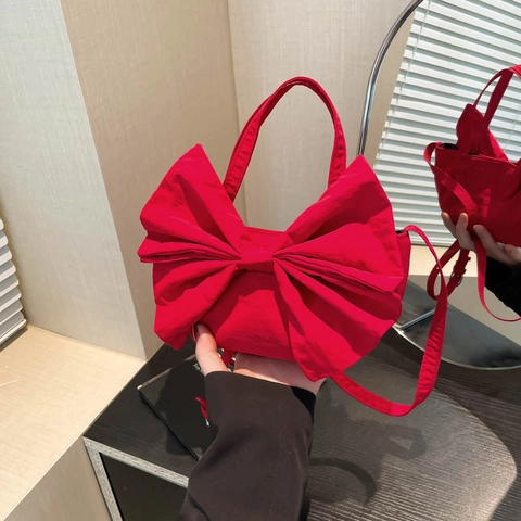 Süße Damen Handtasche Mit Schleife Leinwand Tragetasche Große Kapazität Schultertasche Lässiger Stil