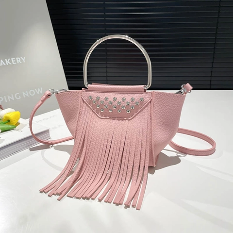Women Tassel Rivet Crossbody Bag PU Leather Bohemian Shell Handbag With Metal Round Handle Punk Style Shoulder Bag