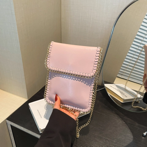 Women PU Leather Cell Phone Crossbody Bag With Golden Chain Decoration And Braided Edge Vertical Mini Square Shoulder Bag